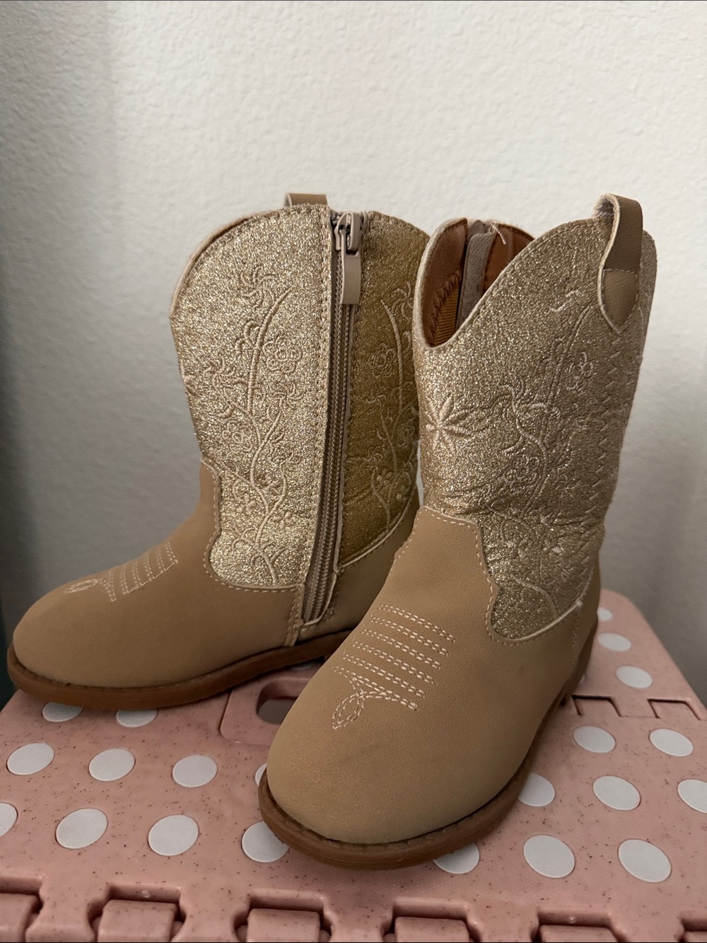Kids Glitter Tan Western Booties with Side Zip